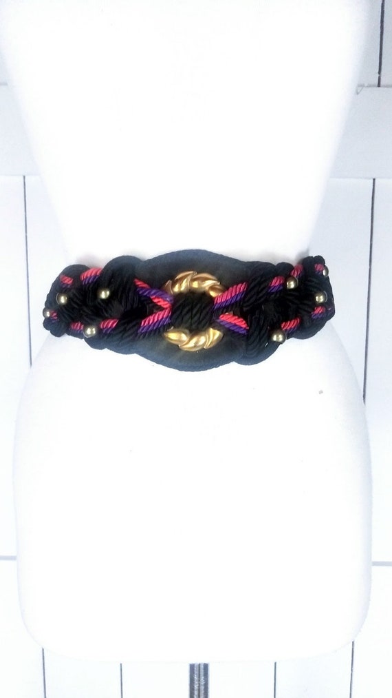 80s vintage black braided rope chord beaded stret… - image 2