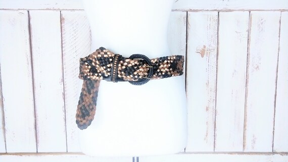90s Vintage Wide Black Gold Bronze Braided Leather Belt - Etsy display picture 3