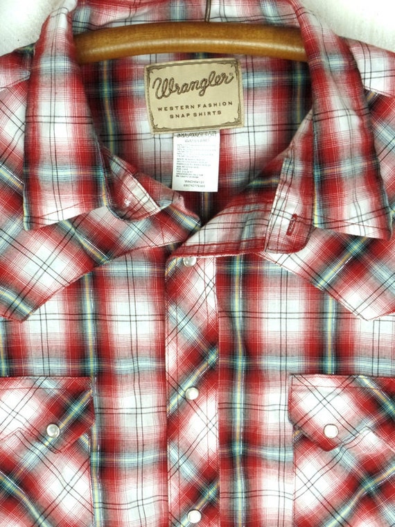 Wrangler red checkered plaid western button down … - image 3