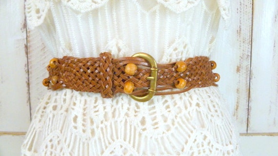 Vintage woven brown leather beaded boho belt - image 1