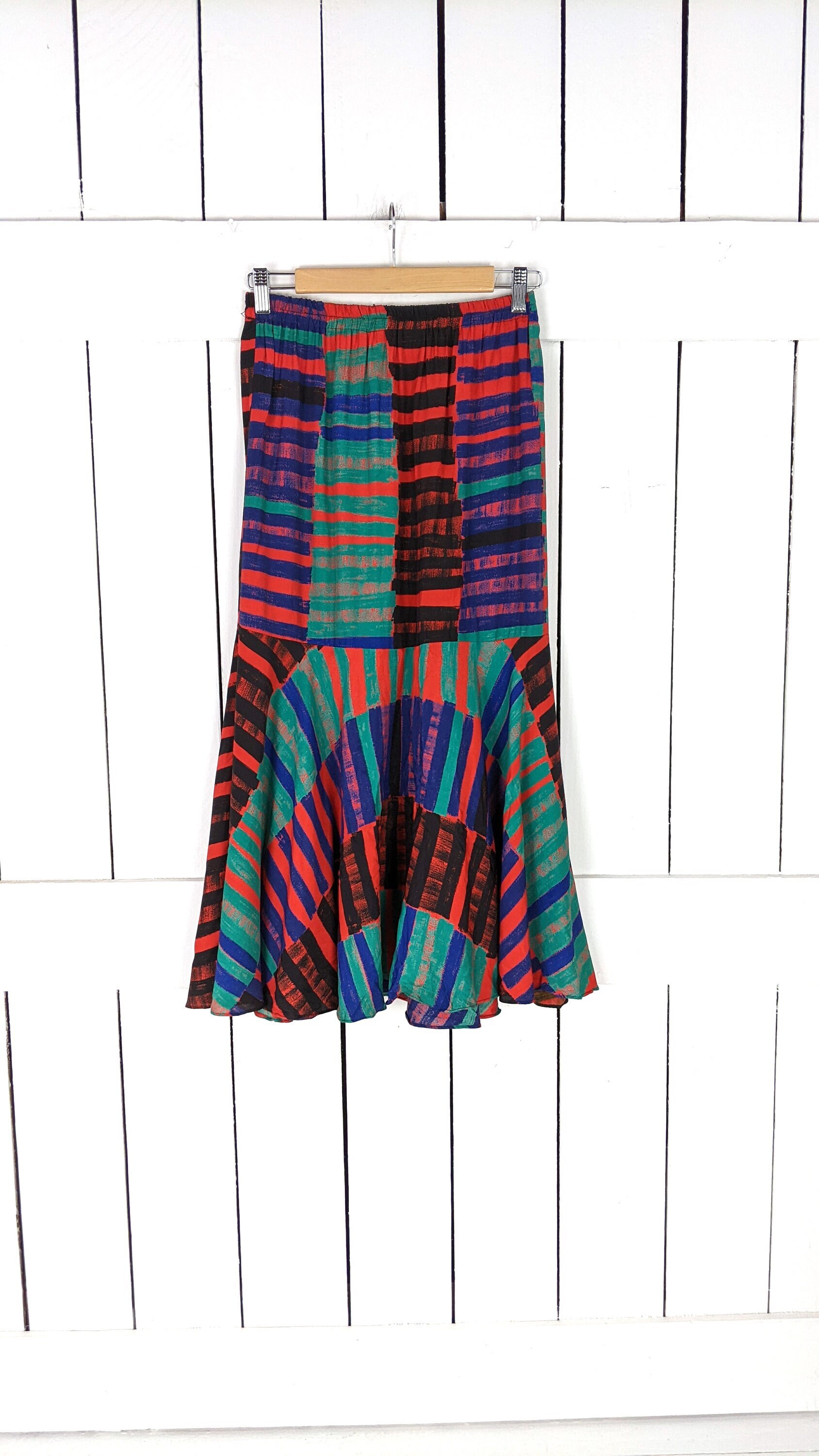 Vintage colorful striped trumpet flared long stretch waist skirt