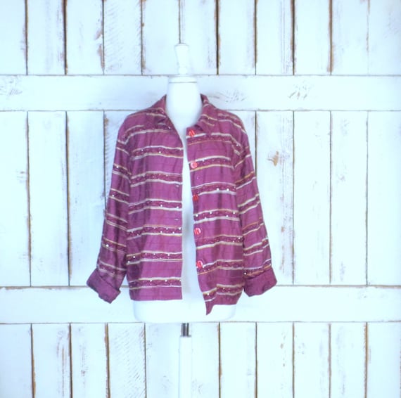Vintage 90s pink/purple striped floral brocade be… - image 1