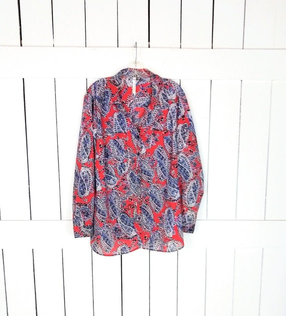 Sheer red blue paisley floral long sleeve button … - image 1