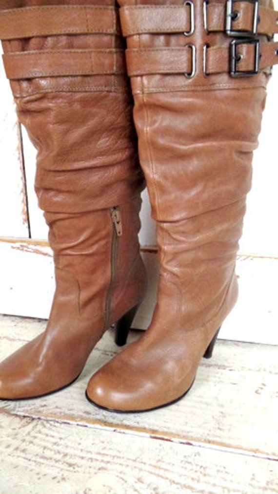 90s vintage high heel brown leather knee high buc… - image 3