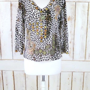 Beaded embellished leopard print vintage sweater/animal print pullover sweater/xlarge