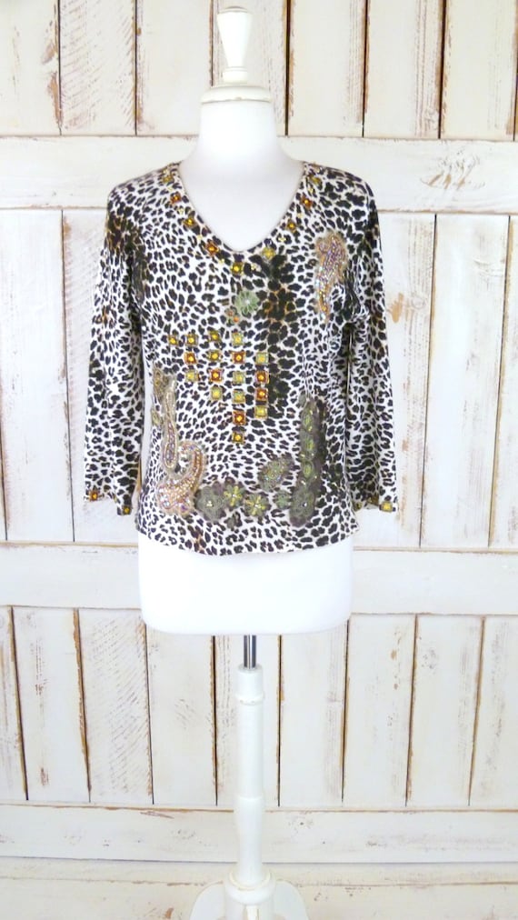 Beaded embellished leopard print vintage sweater/a