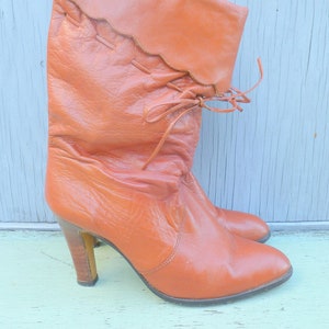 70s rust orange cuffed leather slouchy vintage boot
