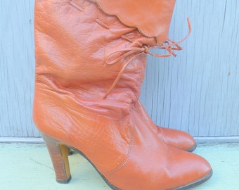 70s rust orange cuffed leather slouchy vintage boot