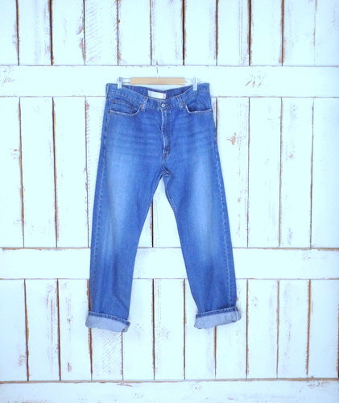 Vintage 505 Zipper Fly Denim Jeans/regular Fit Blue Jeans/faded