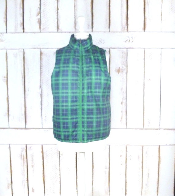 Green reversible plaid snow ski puffer vest/puffy 