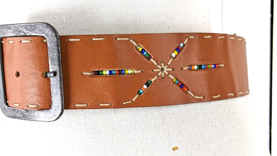 Vintage the Limited Wide Brown Leather Boho Beaded Belt  display picture 3