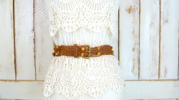Vintage Woven Brown Leather Beaded Boho Belt - Etsy