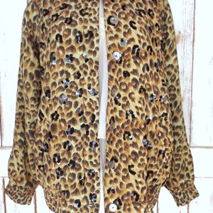 Vintage leopard print sequin beaded silk windbreaker jogging puffer jacket/silk sports jacket/animal print flight bomber jacket/medium image 2