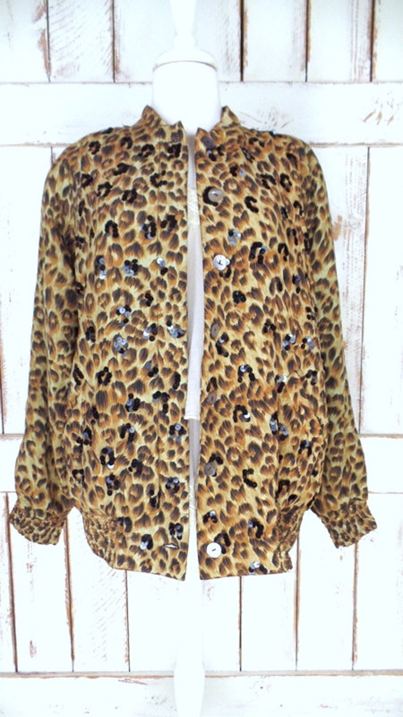 Vintage leopard print sequin beaded silk windbreaker jogging puffer jacket/silk sports jacket/animal print flight bomber jacket/medium image 2