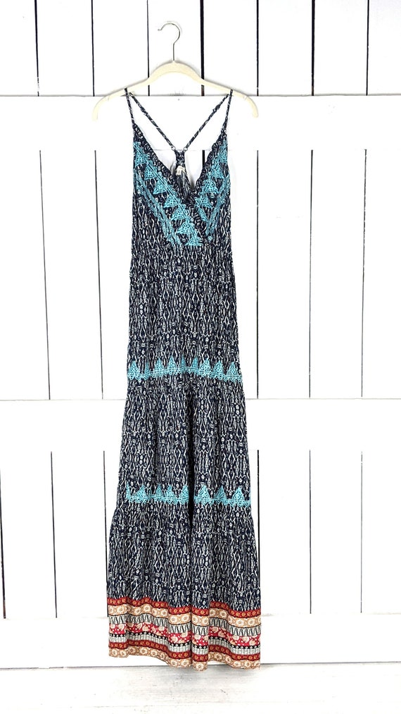 En Creme long blue embroidered tribal IKAT print s