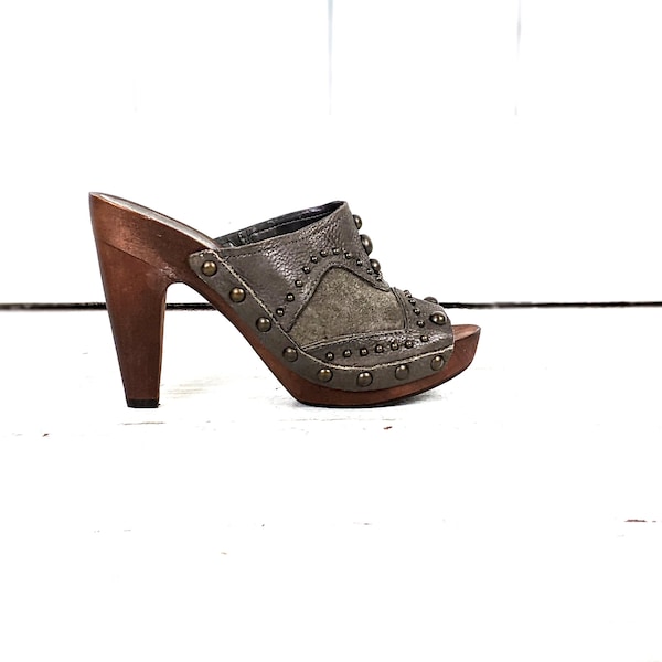 Nine West suede leather high heel wooden platform studded peep toe clog mules 6 M