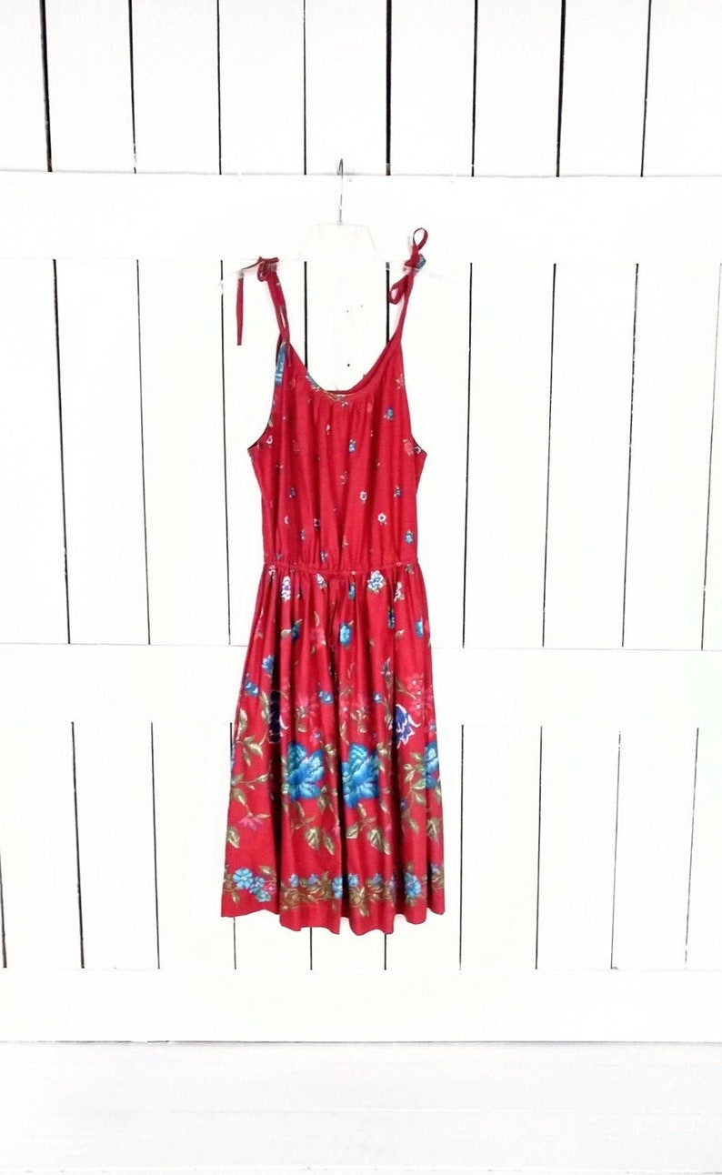 Vintage red floral sleeveless cotton midi summer dress/bow strap floral stretch waist dress image 1