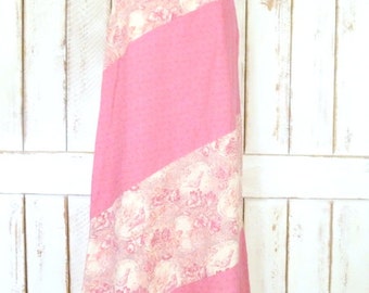 70s vintage pink striped floral cotton maxi boho skirt/long pink floral handmade skirt