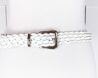 Y2k 90s Wide Woven Leather Belt Boho 1970s White Tan Silver  display picture 2