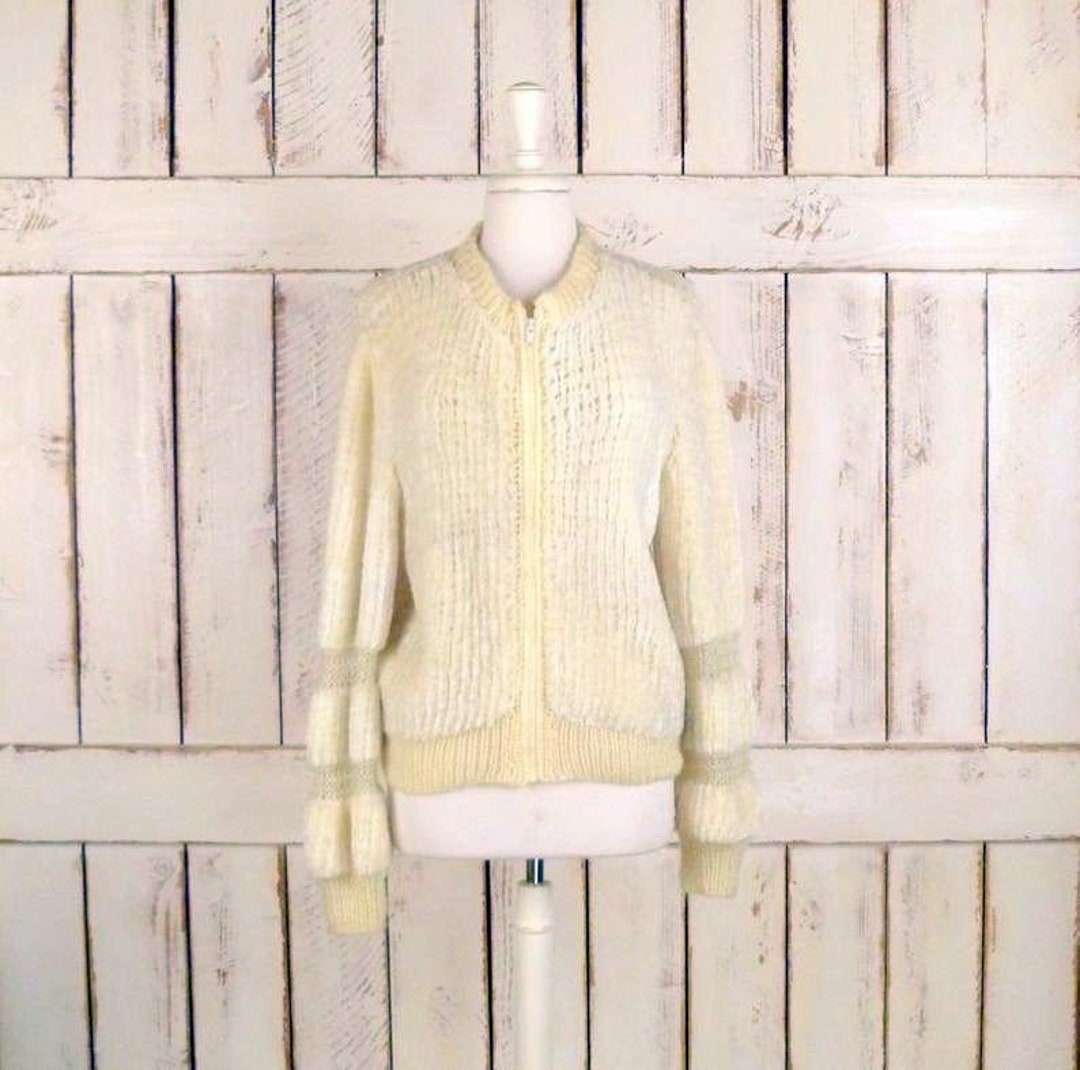 70s Vintage Ivory Chenille Woven Knit Cardigan Sweater/puffy - Etsy