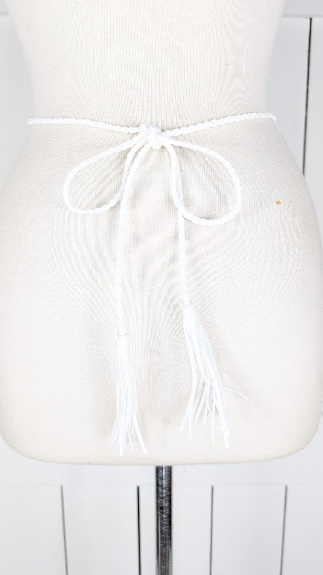White Braided Faux Suede Rope Chord Fringe Tassel Tie Belt  display picture 3