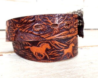 Vintage Wrangler Brown Tooled Horse Leather Belt/silver  display picture 2