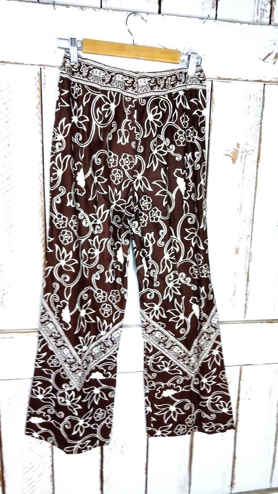 Vintage brown batik tribal Indian print wide leg … - image 4