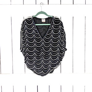 Vintage silk black white beaded sequins vneck billowy formal evening blouse cover up