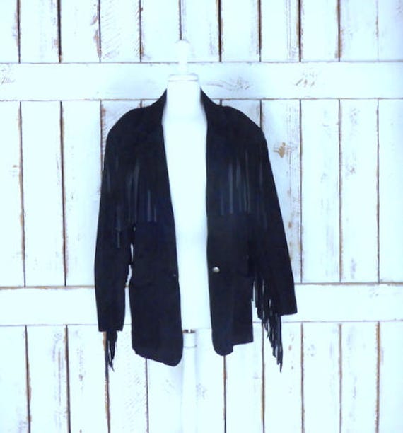 Vintage black suede leather fringe blazer jacket/f