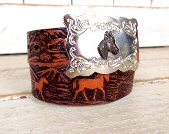 Vintage Tooled Brown Leather Belt Silver Horse Head Buckle Western Cowboy 28 Vintage Belt Buckles Dropped Online - Check Them Out ? They  main image 4