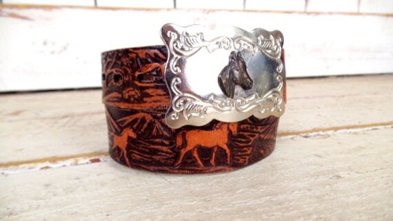 Vintage Wrangler brown tooled horse leather belt silver buckle Vintage Wrangler Brown Tooled Horse Leather Belt/silver  main image 4