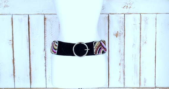 Wide Pearl/wood Beaded Black Suede Leather Vintage Indian  display picture 2
