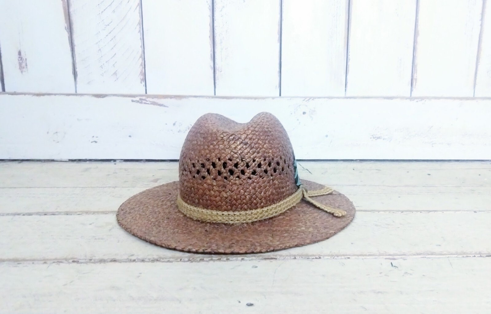 Vintage 90s Brown Natural Straw Summer Fedora Hat/cigar 