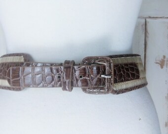90s Vintage Brown/tan Wide Straw Patent Leather Belt/reptile  display picture 2