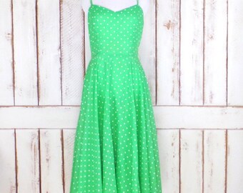 Vintage Ned Gould green/white polka dot sun dress/sheer gauzy green day dress/retro style dress
