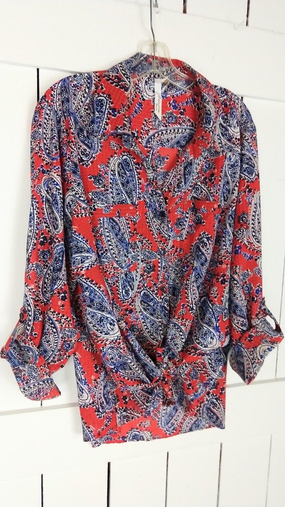 Sheer red blue paisley floral long sleeve button … - image 6