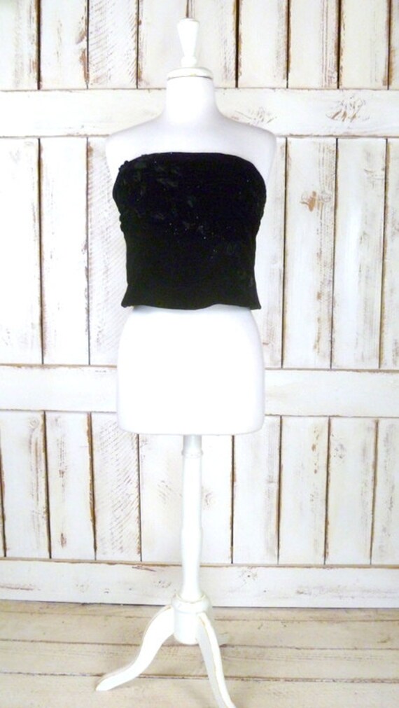 Vintage black ruched beaded velvet corset bustier/