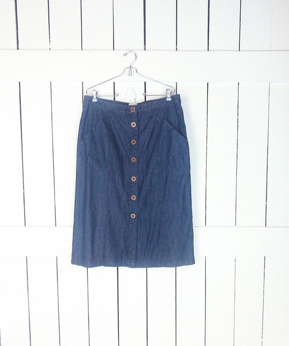 Blue jean denim button down high waisted midi skir