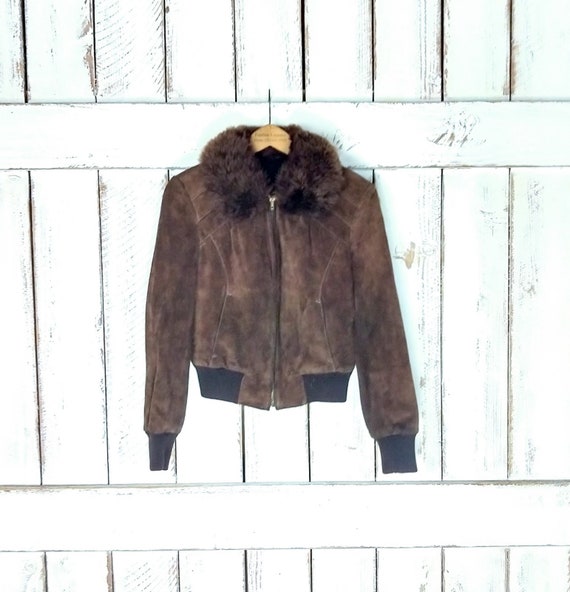 70s vintage brown suede leather fitted fur collar