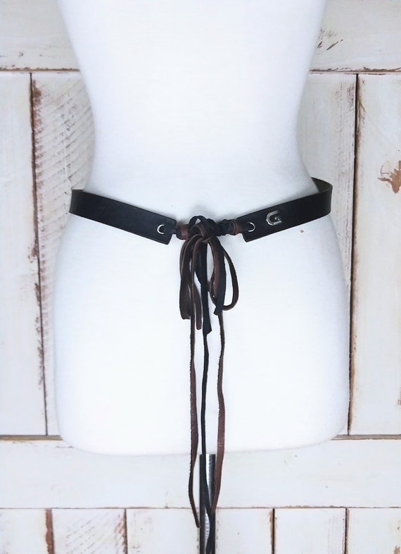 Vintage Guess Black/brown Leather Fringe Boho/festival Belt 