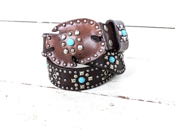 Brown silver studded faux leather western buckle belt Vintage Brown Silver Studded Faux Leather Western Buckle  main image 4