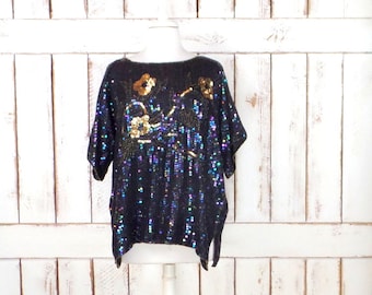 Vintage de seda negro / blanco / plata con cuentas de lentejuelas florales superior floral / con cuentas de noche blusa formal / lentejuelas superior / pequeño / mediano