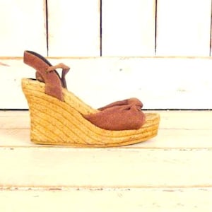 Vintage tan brown canvas open toe platform wedge espadrille sandals/6.5-7