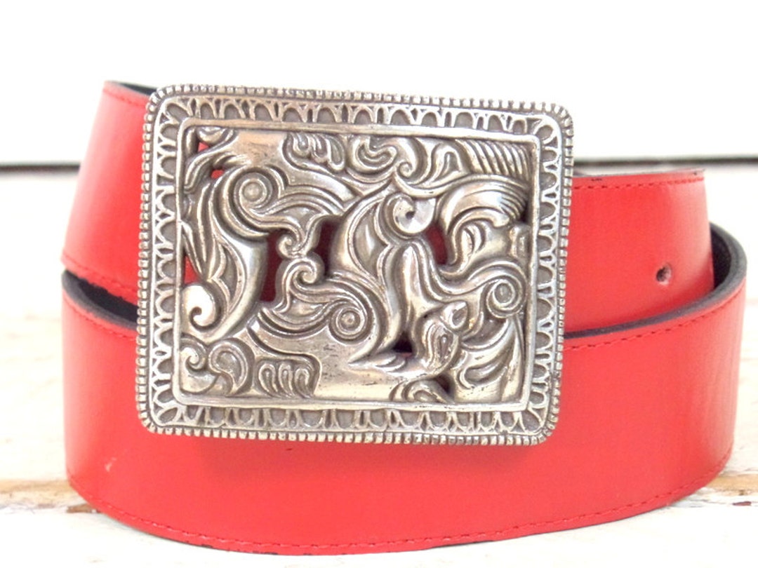 90s Vintage Wide Red Faux Leather Silver Metal Buckle  display picture 3