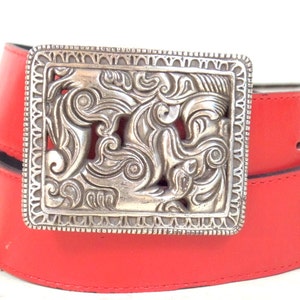 90s vintage wide red faux leather silver metal buckle statement belt