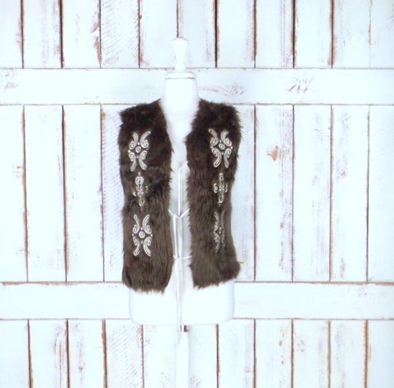 90s vintage brown faux fur embroidered knit boho/… - image 1