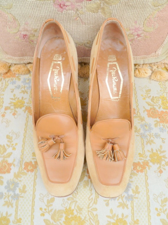 Vintage tan brown suede and leather high heel tas… - image 4