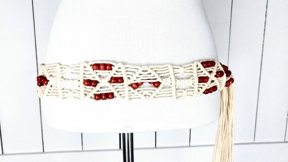 Wood bead braided macrame rope fringe tie belt/boho/hippie belt/braided chord Braided Fringe Beaded Boho Waist Belt Beige Brown Thin Dress  main image 4