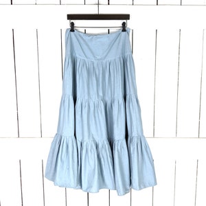Light blue cotton ruffle jean denim maxi skirt