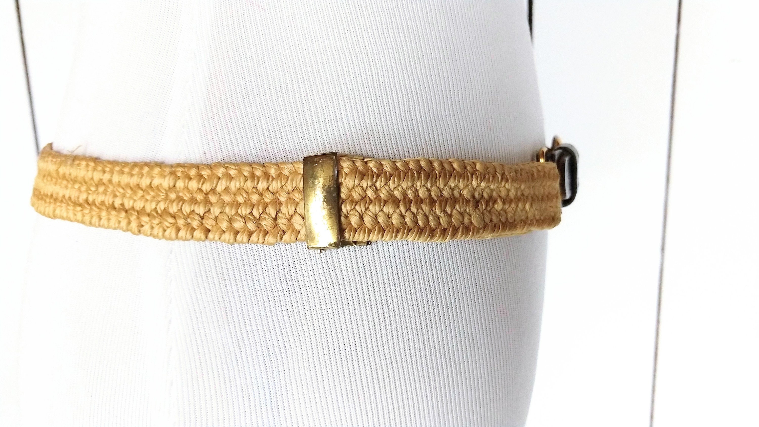 Vintage tan/light brown elastic stretch chord skinny belt/woven jute twine chord Vintage Tan/light Brown Elastic Stretch Chord Leather Belt  main image 3